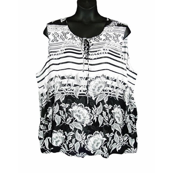 NEW Avenue 30/32 Floral Striped Layered Tank Top Black & White - Picture 2 of 16